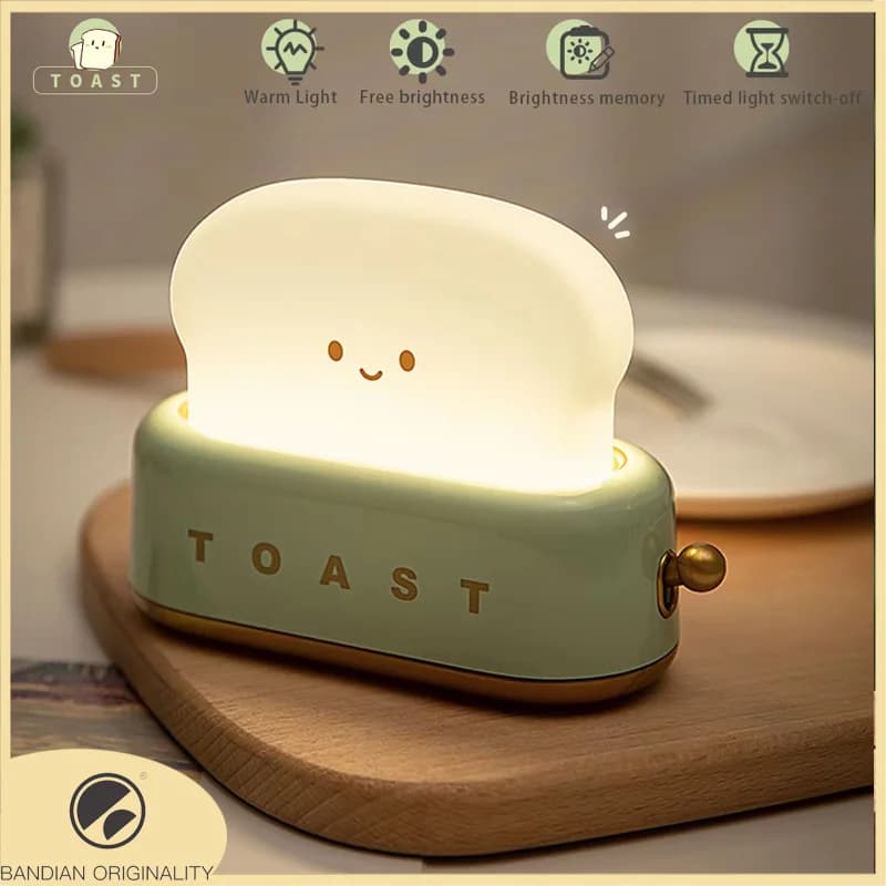 BANDIAN Pane Toast Cartoon Luce notturna a LED Decorazioni per la casa carine Lampade da tavolo per pane Kawaii Luce notturna portatile con timer Piccola lampada