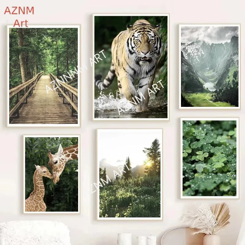 Poster di Animali e Paesaggi, Stampa su Tela, Quadro con Tigre, Panda, Giraffa, Immagini HD per Camera da Letto, Soggiorno, Decorazione Casa, Senza Cornice