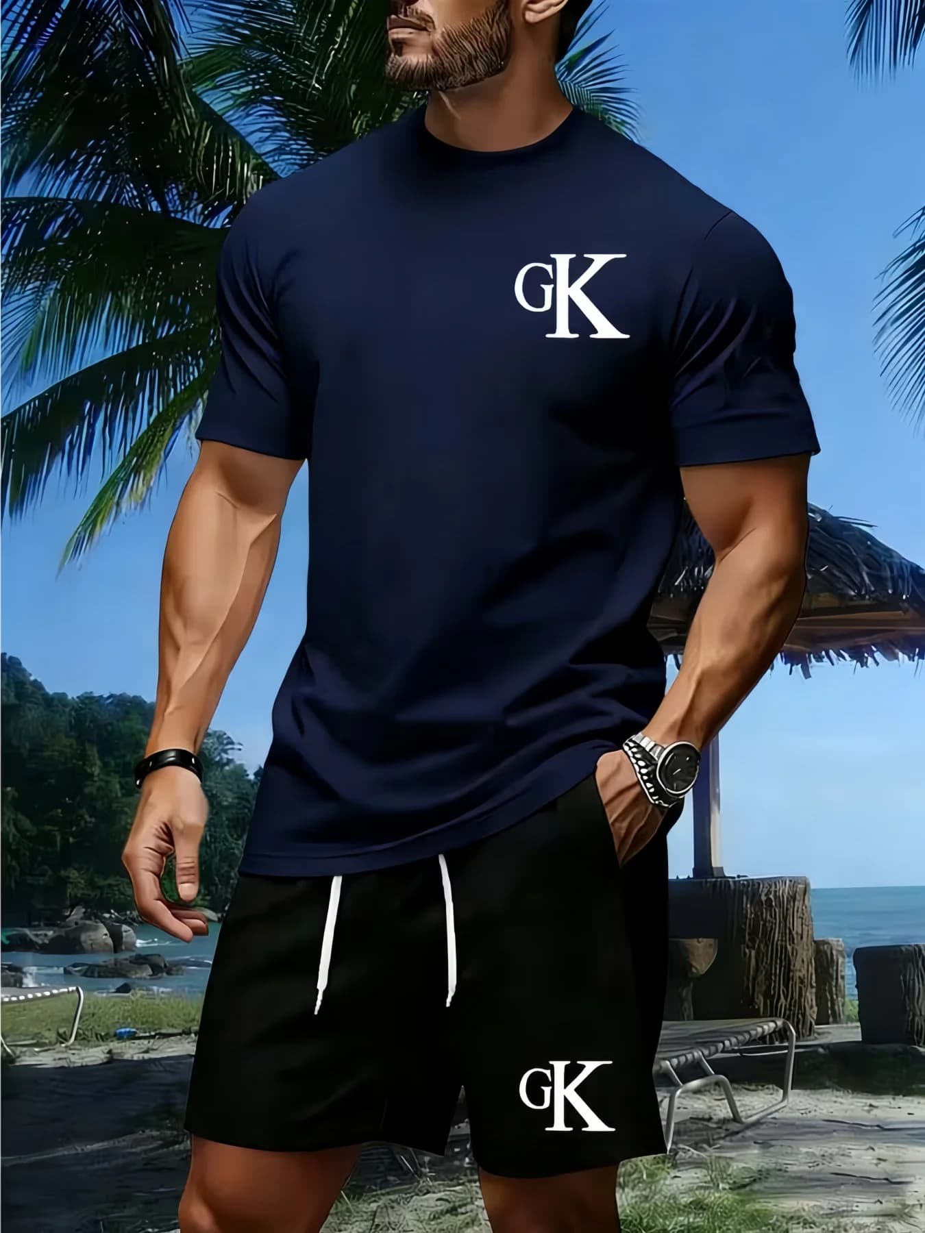 2026 New Men's Summer Gothic Letter Printed Soft and Breathable Round Neck T-shirt Drawstring Shorts Set Outdoor Street Wear