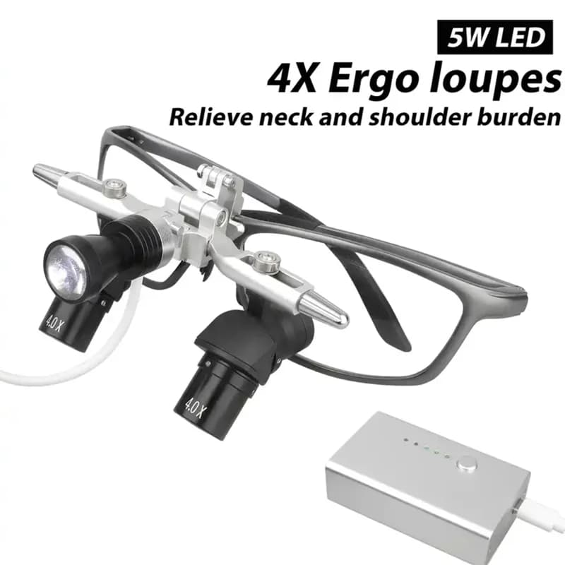 Ergo 48 ° Lenti d'Ingrandimento 4X 5X con Lampada Frontale Professionale da 5W, Binocolo Lupa per Prevenire la Flessione e il Abbassamento della Testa