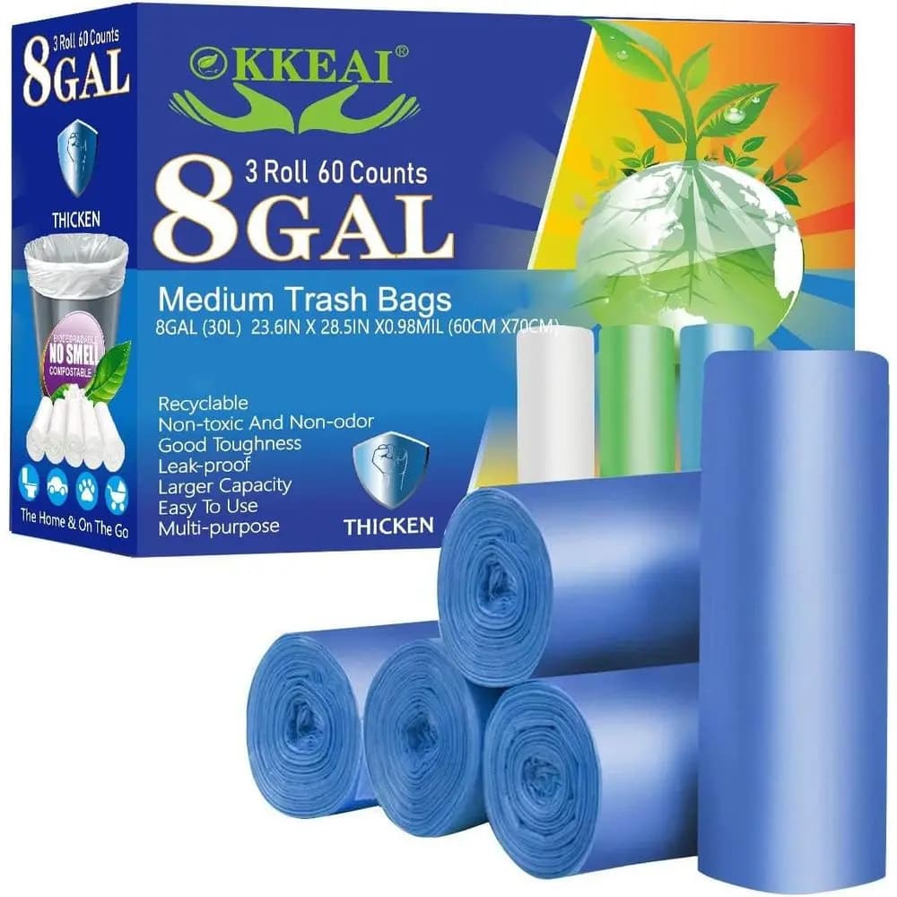 60 Count Blue 30L Medium Strong Trash Bags for Kitchen, Office, and Bathroom Wastebaskets (7-10 Gallon Bins)