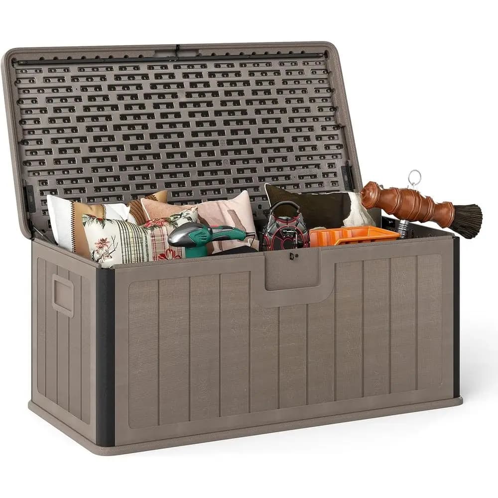 Contenitore da Esterno con Chiusura di Sicurezza da 100 Galloni con Ammortizzatore a Gas e Maniglia per Patio, Giardino e Bordo Piscina (Marrone)