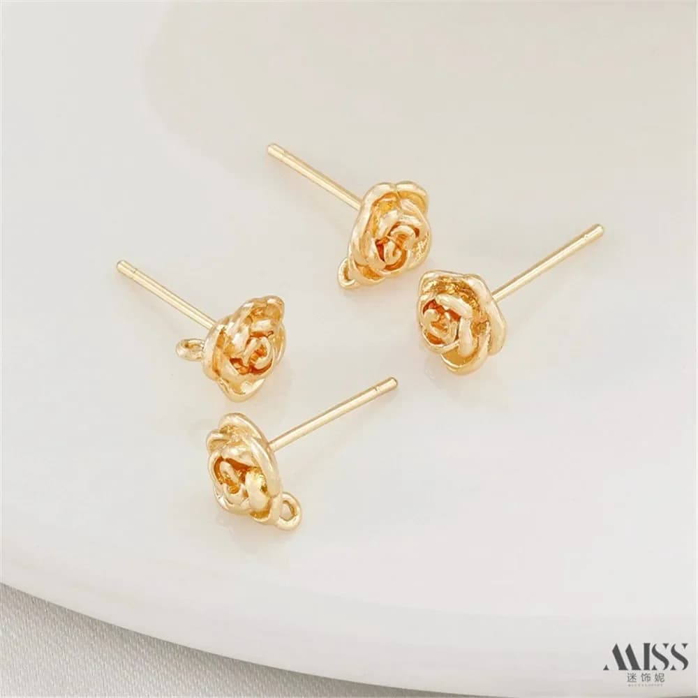 Orecchini a forma di fiore rosa placcata in oro 14 carati con anello pendente Orecchini ad ago in argento S925 Accessori per orecchie fatti a mano fai-da-te