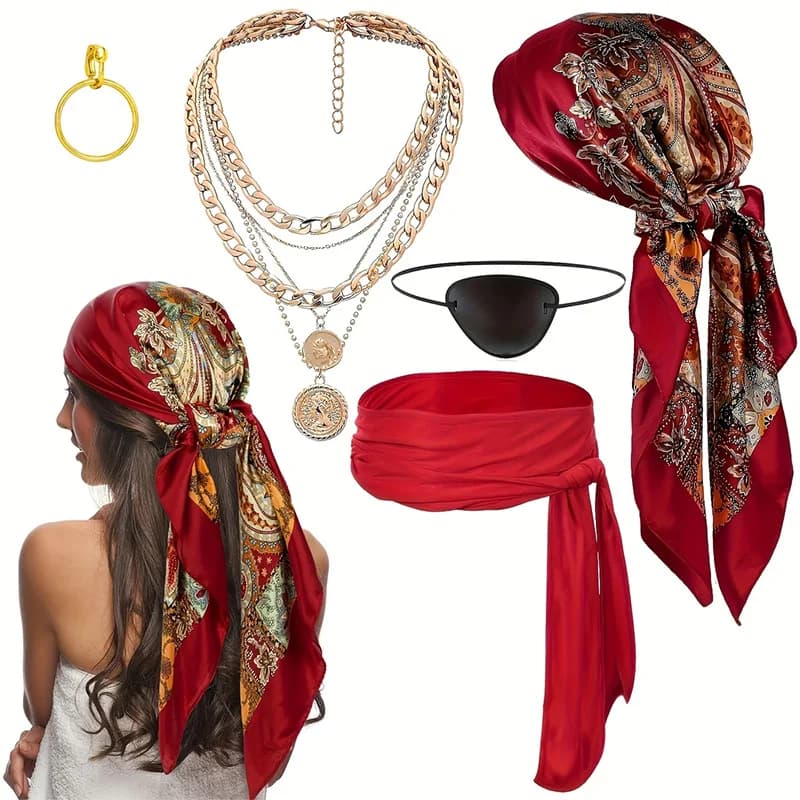 Pirate Costume Accessories Set for Halloween Party Cosplay Pirate Headscarf Belt Necklace Bracelet Kit for Adults