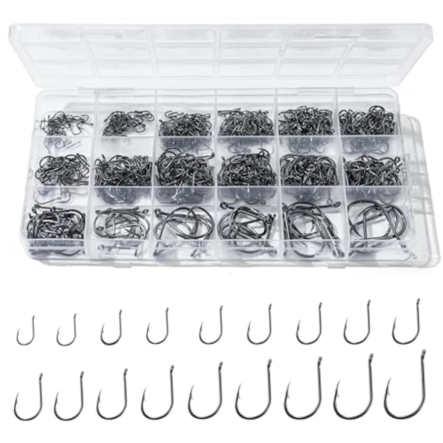 300PCS Fishing Hooks 18 Sizes High-Carbon Steel Barbed Fish Hooks with Holes Fishing Gear with Storage Box Suitable for Fishing