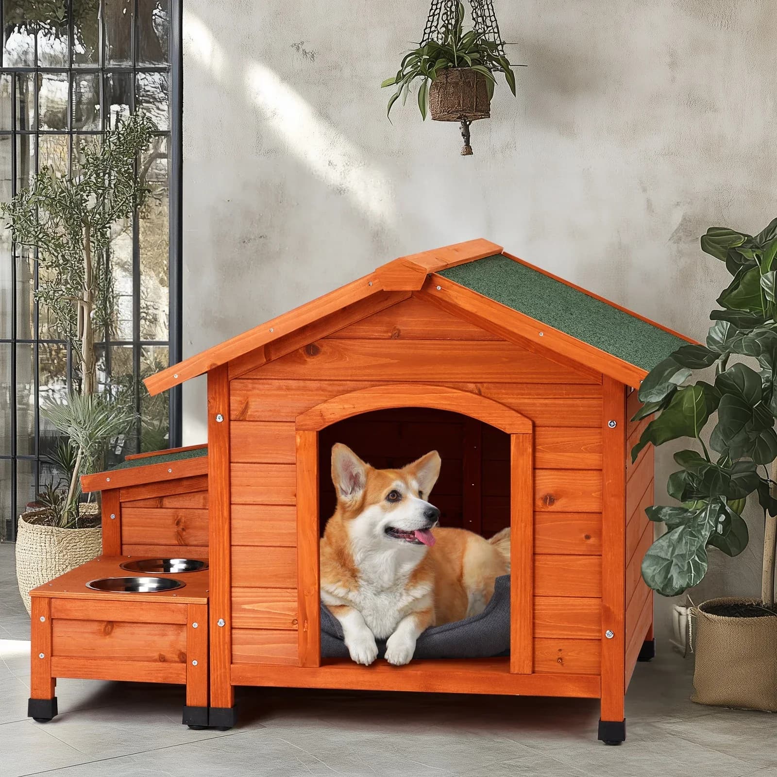 Casetta per cani Feral in legno 88 * 106 * 77 cm per esterni e interni, casetta per animali domestici con ciotola per alimenti e secchio per la conservazione degli alimenti