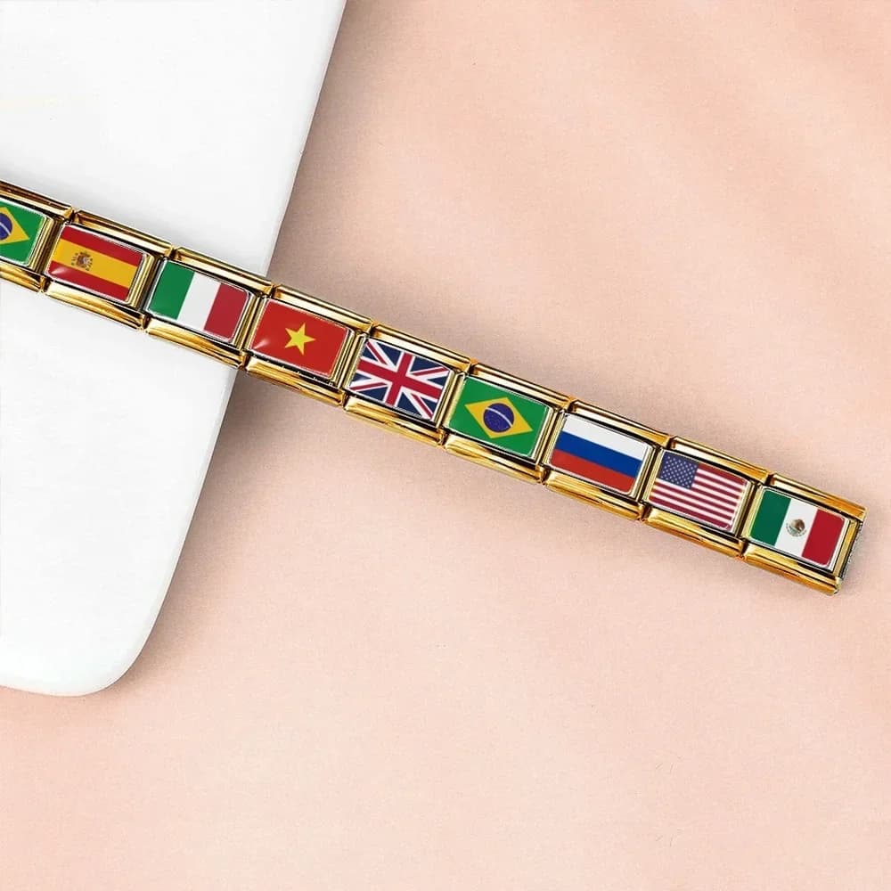 New Style Gold Color World National Flags Italian Charm Link Fit 9mm Bracelet Stainless Steel DIY Making Beads Women Men Jewelry