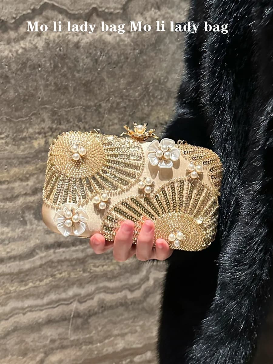 Elegante Borsa da Sera con Fiori di Perle, Piccola Borsetta Quadrata per Matrimoni e Ricevimenti, Pochette da Donna con Paillettes Luccicanti