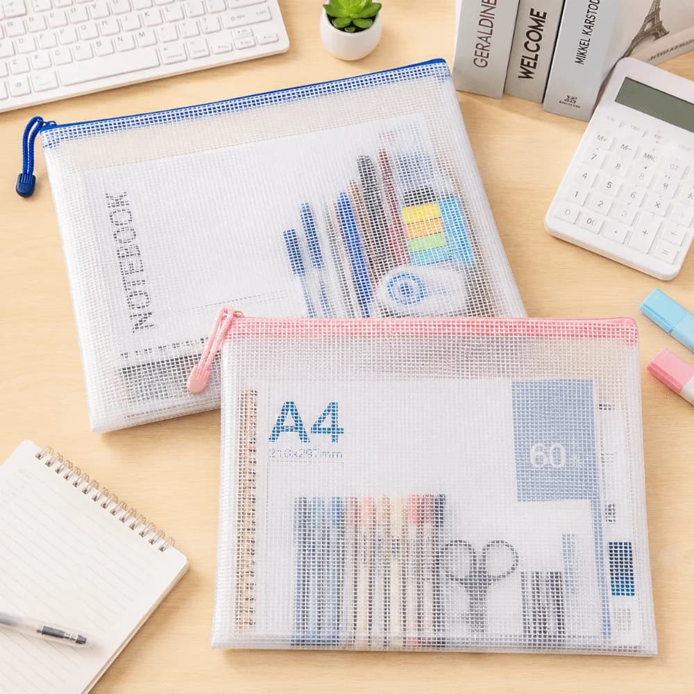 5pcs A4 Mesh Zipper Pouch with Lanyard Large Capacity Document Organizer Bag File Folder Organizer Waterproof