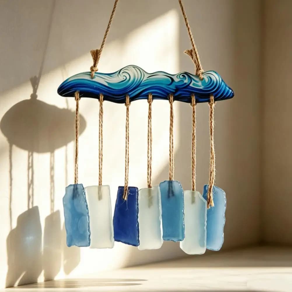 Hanging Wind Chime Handcrafted Sea Glass Wind Chime Ocean Wave Coastal Hanging Ornament Beach Patio Decor Gift for Women Outdoor