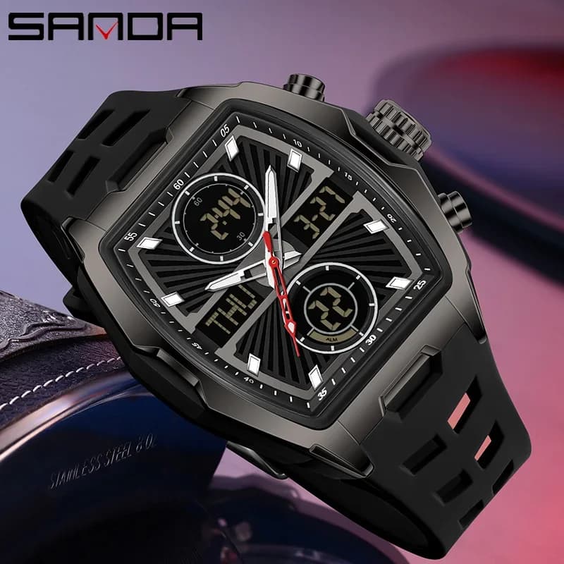 SANDA Men Watch Luxury Sport Quartz Double Display Wristwatch Chronograph Waterproof Military Multifunction Digital Male Watches