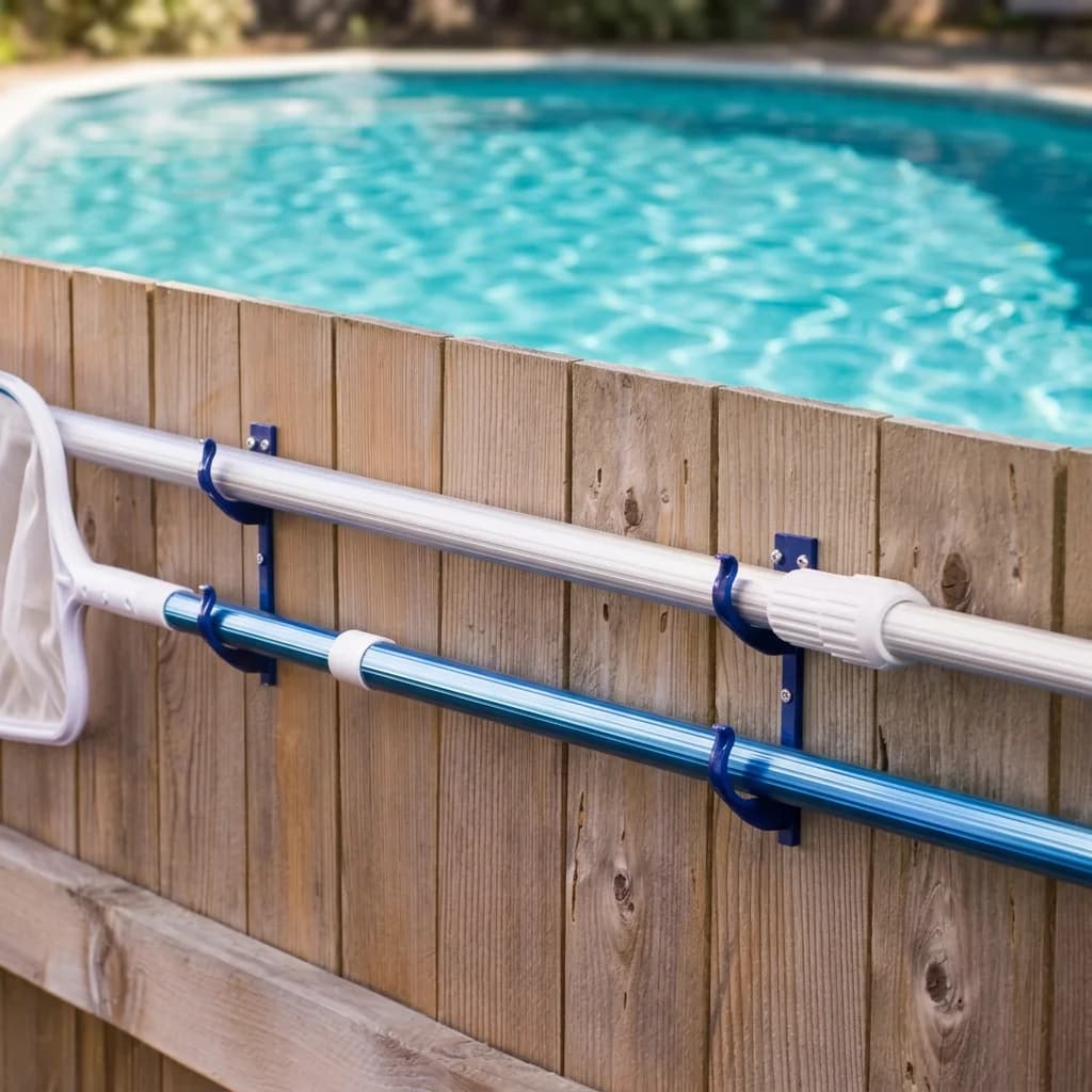 Ganci per pali da esterno in PVC, 2 pezzi, ganci telescopici avvitabili, supporto in plastica resistente per pali da piscina, spazzole per reti e tubi da giardino