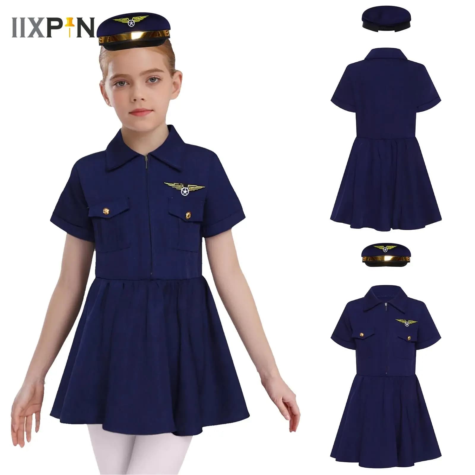 Vestito da capitano/polizia/pilota per bambina con cappello a maniche corte, abbigliamento per esperienza professionale, costume cosplay di Halloween per bambini