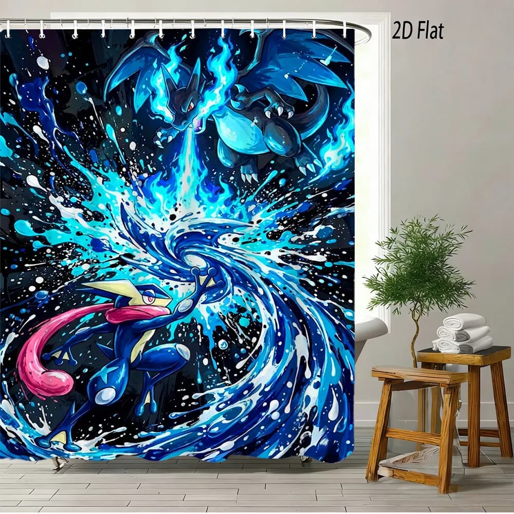 Tenda da doccia per bagno con disegno 2D piatto di Pokemon Mega Charizard X e Greninja Water Splash Art