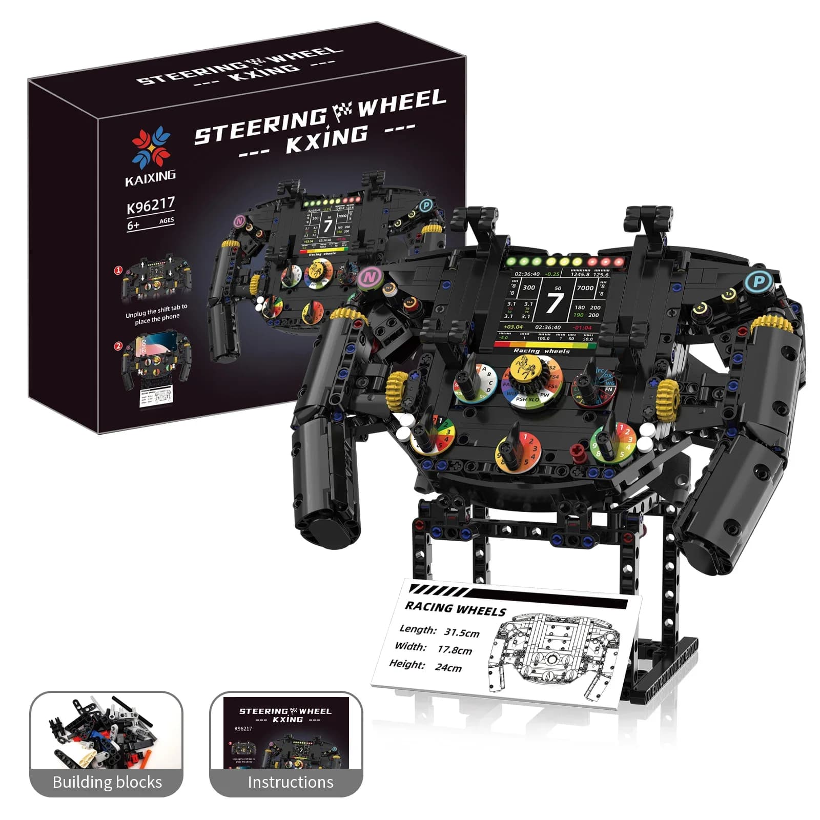 Volante Building Blocks Simulazione Ruote da corsa Modello Supporto per telefono cellulare Giocattolo di assemblaggio per bambini Regalo di Natale creativo 833 pezzi