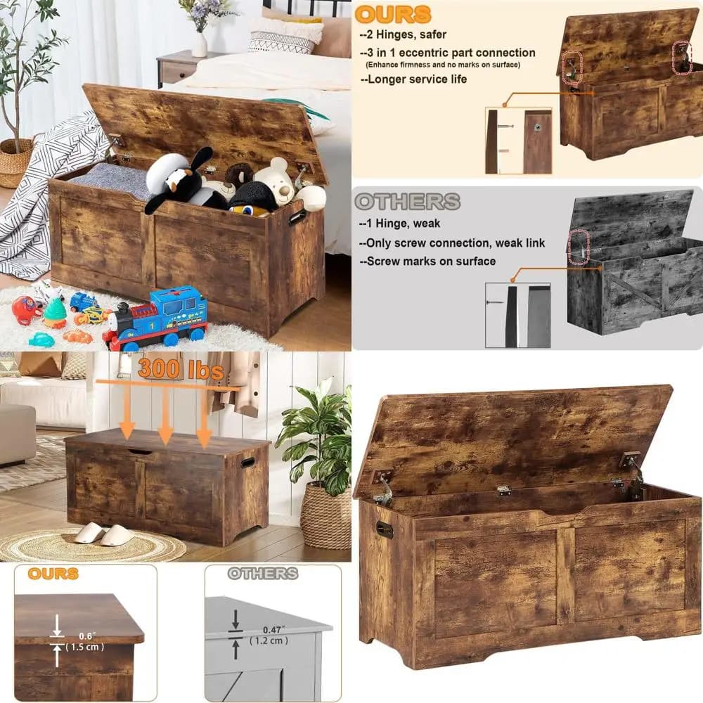 Panca Contenitore in Legno Rustico 39.4 con Coperchio Sollevabile e Cerniere di Sicurezza, Grande Baule Portaoggetti per Soggiorno e Camera da Letto