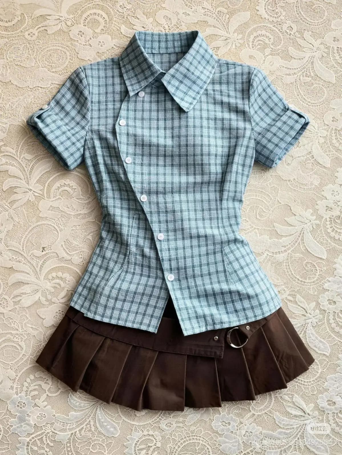 Aesthetic Crop Top 2000s Polo Shirt Women Clothes Lattice Short Sleeve Slim Harajuku Kawaii Tee Sweet Girl Cute T shirt Y2k Tops
