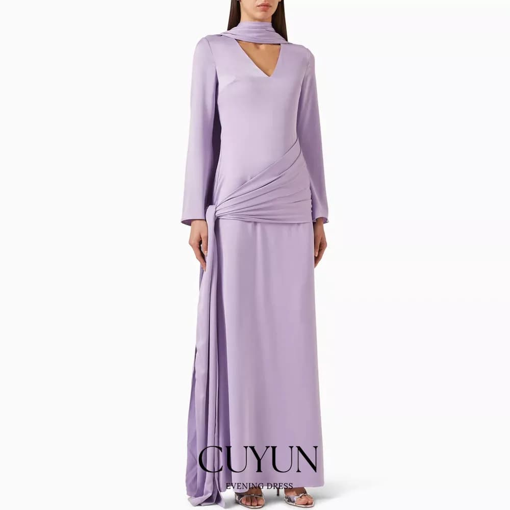 CUYUN Abito da sera viola stile sciarpa personalizzato Abbigliamento per invitati al matrimonio Scollo a V maniche lunghe Abito da festa Abiti da cerimonia per eventi formali Prom