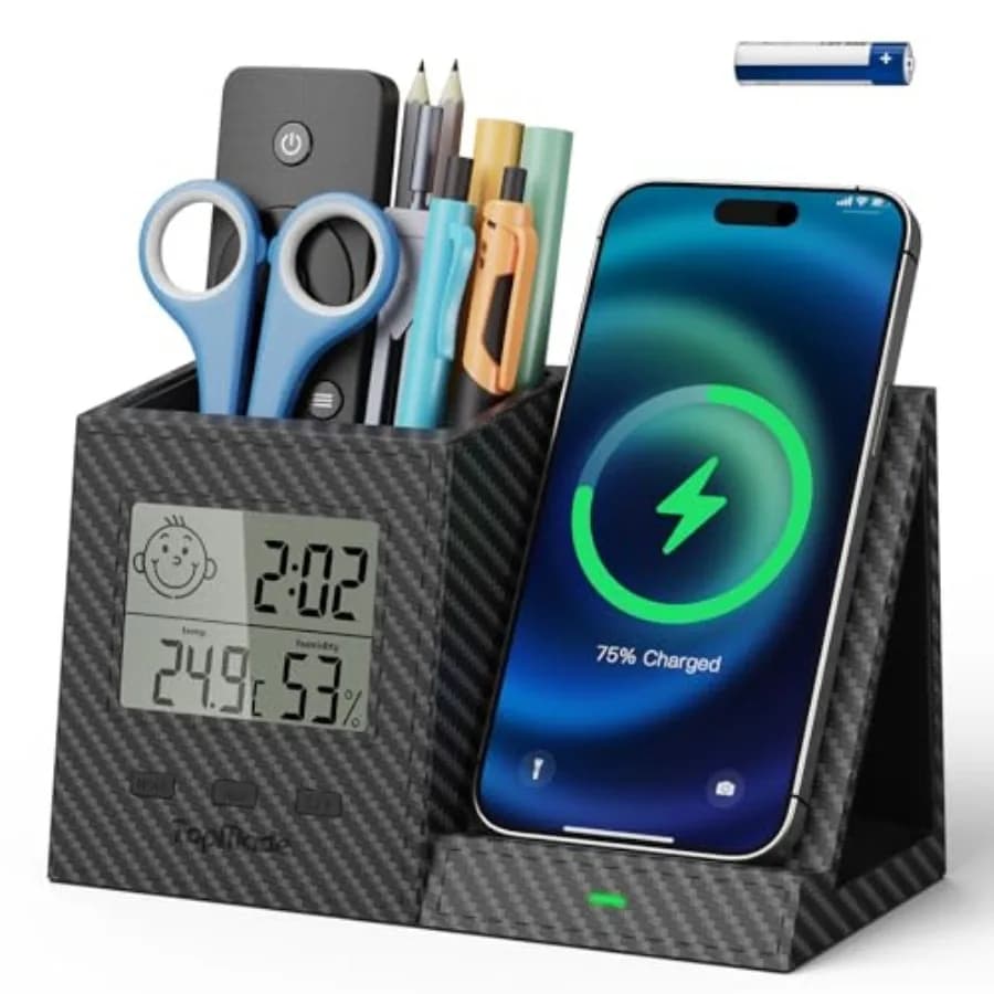 Caricatore Wireless con Supporto per Penna e Telecomando, Organizer Multifunzionale in Pelle per Comodino, Stazione di Ricarica Rapida, Termometro Digitale