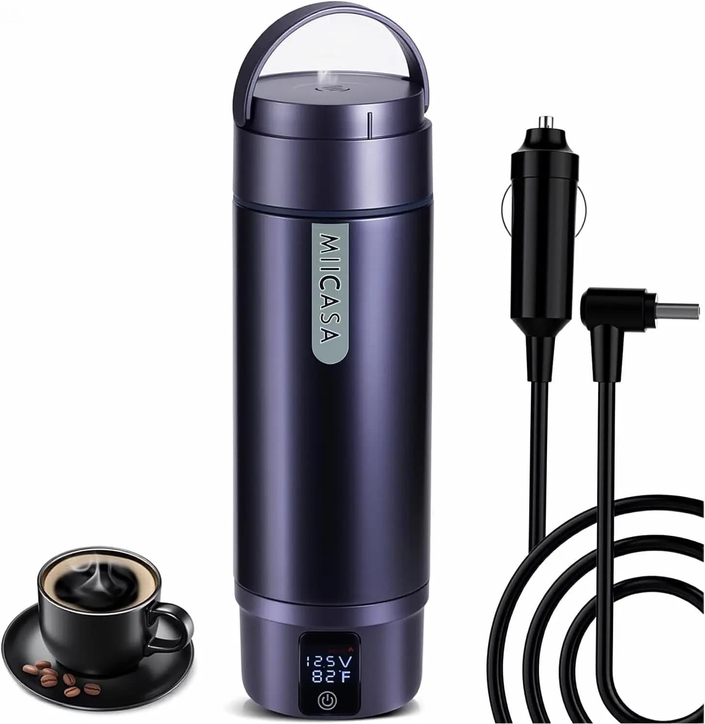 Bollitore Elettrico per Auto 12V/24V, Scaldabagno in Acciaio Inox da 16oz con Isolamento Sottovuoto, 6 Impostazioni di Temperatura e Spegnimento Automatico