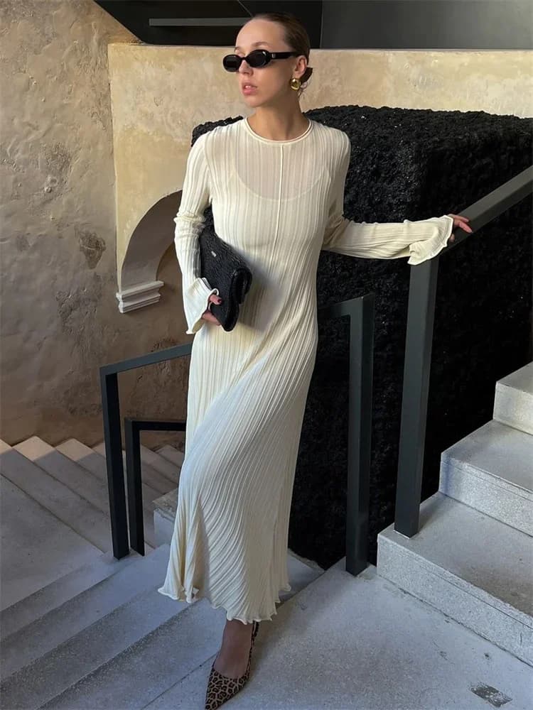 Tossy Maglieria Abito lungo ampio alla moda Abito da donna con lacci a vita alta a costine Abito da festa a maniche lunghe Abito lungo con fasciatura in maglia femminile