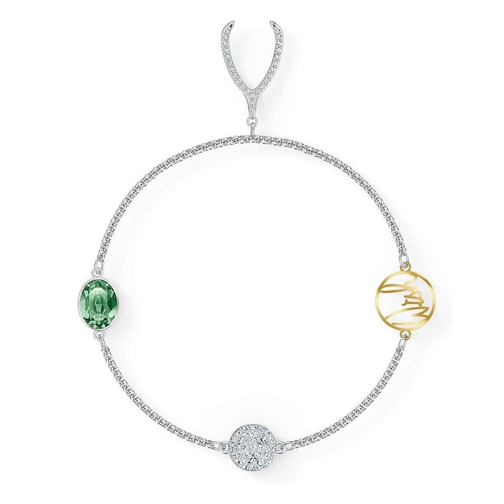 Bracciale flessibile Wishbone color argento con cristallo di smeraldo e ciondolo portafortuna dorato