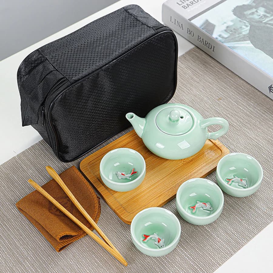 Tea set: 2 cups of carp celadon for pot, 4 cups, 1 tea pot, tea set Kung Fu