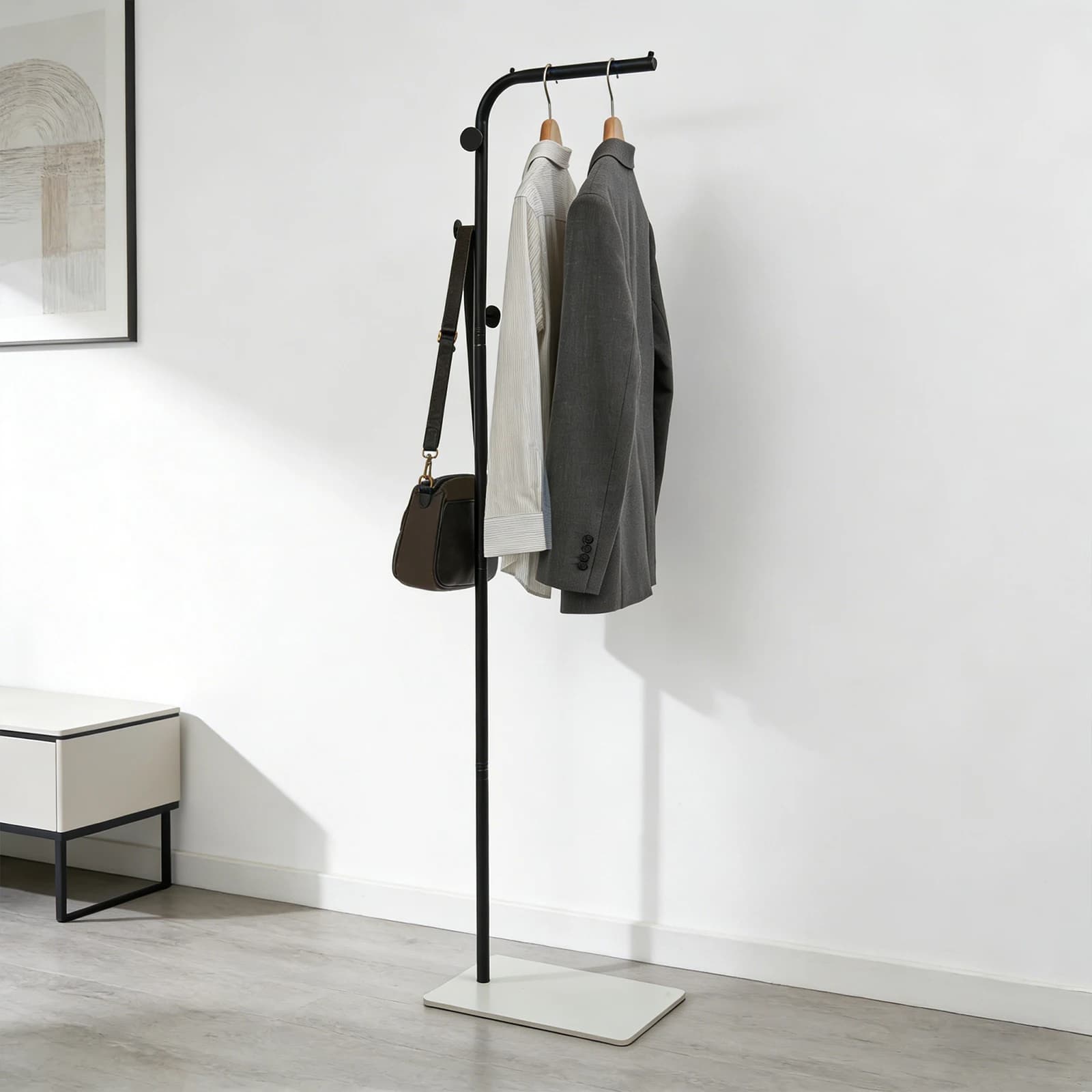 Appendiabiti a L da 170 cm, con base in acciaio e pietra resistente, portata 35 kg, nero, per organizzazione vestiti