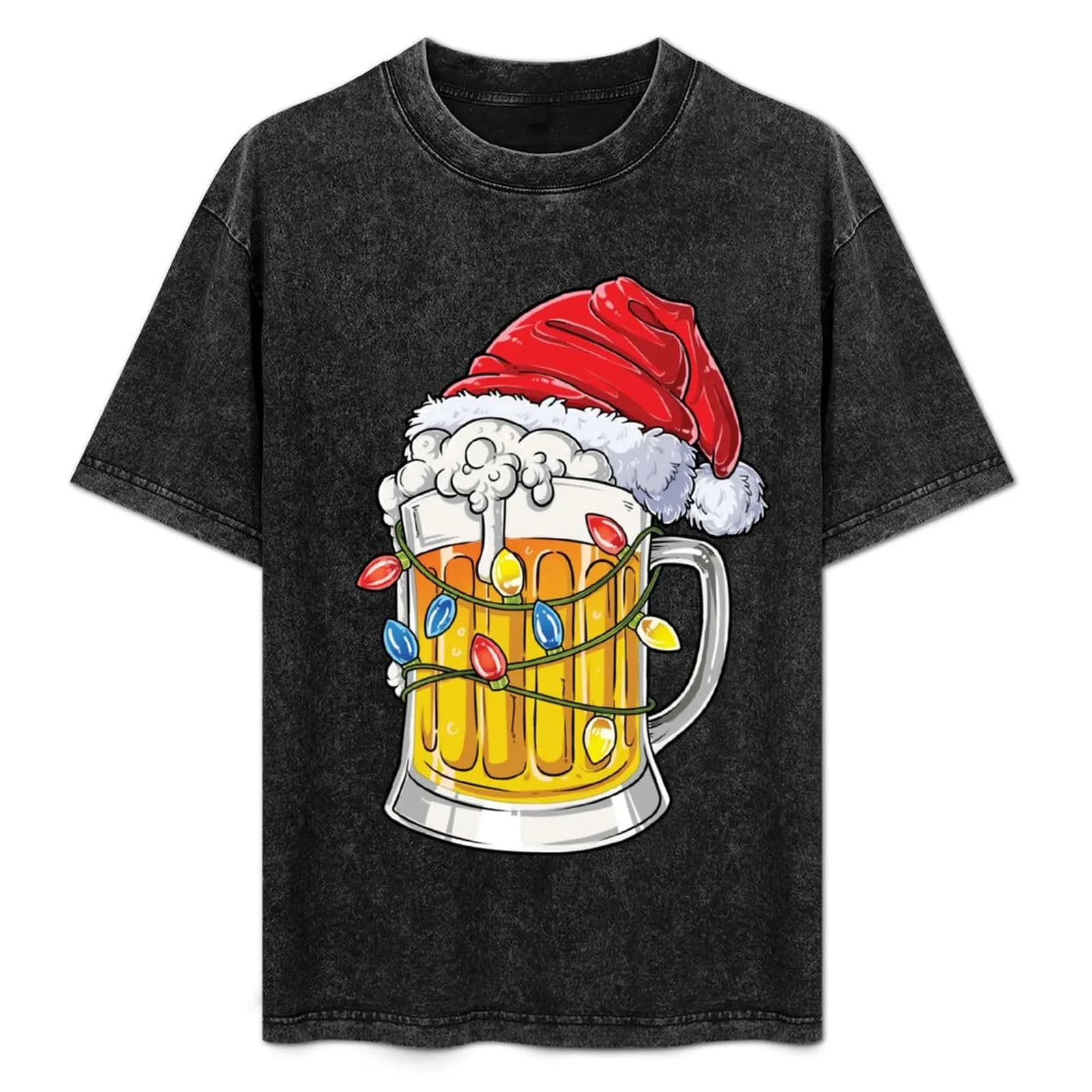 Maglietta natalizia con birra, tazza, Babbo Natale, luci di Natale, regali per uomo e donna, t-shirt casual natalizia a maniche corte