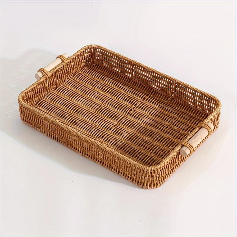 Cestino portaoggetti in tessuto PP con manico in legno Contenitore moderno rettangolare poco profondo per soggiorno, camera da letto, cucina, servizio alberghiero
