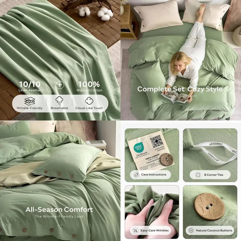 Set Copripiumino Matrimoniale 100% Cotone Lavato - Lino Traspirante, Pieghe Naturali, Chiusura a Bottoni, Verde Menta, 68x90