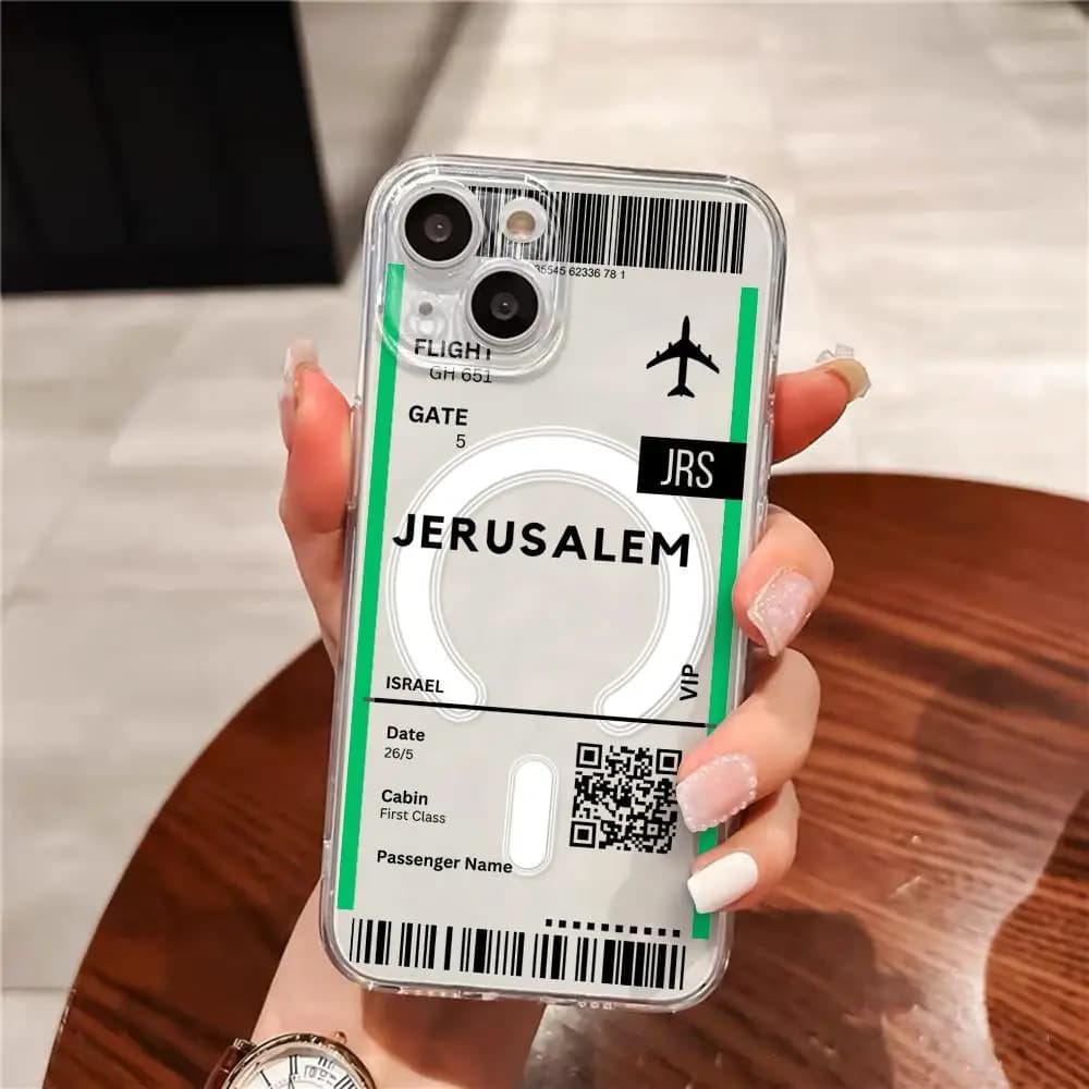 Case for iPhone 17 16 15 14 13 12 11 Pro Max Plus transparent magnetic anti-scratch shockproof with design Air ticket Israel