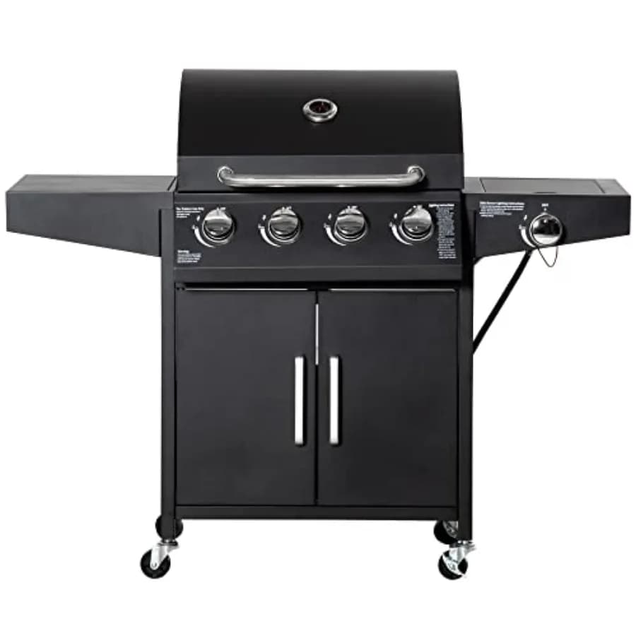 Barbecue a Gas Propano a 4 Bruciatori con Fornello Laterale da 50.000 BTU, Griglia da Esterno in Acciaio con Ripiano, Griglia di Riscaldamento, Termometro e Ruote