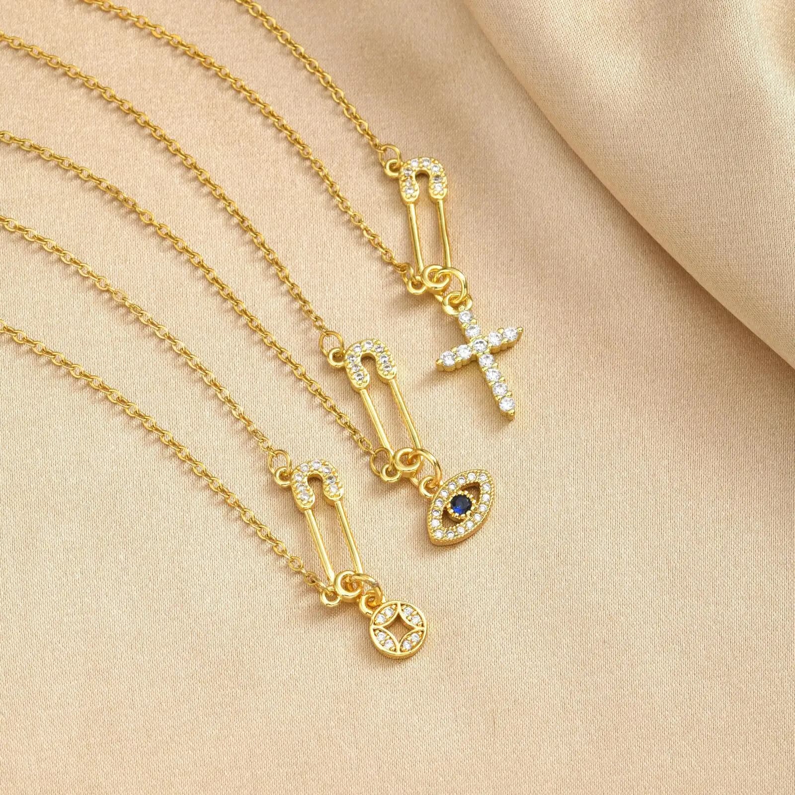 Vnox Nuova Collana con Ciondolo Occhio Turco Blu per Donna, con Ciondoli a Croce e Moneta, Pietra CZ AAA, Collana con Spilla di Sicurezza, Regalo per Feste