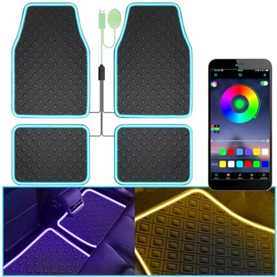 Tappetini per Auto con Striscia LED Premium Universali Neri Illuminazione Interna Auto Tappetini con Controllo App