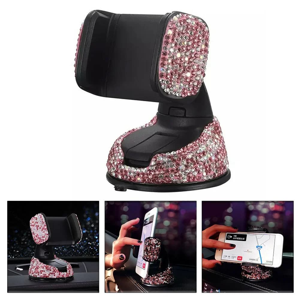 Supporto per Cellulare da Auto Rosa Flessibile da Tavolo con Strass Accessori Interni per Auto da Donna
