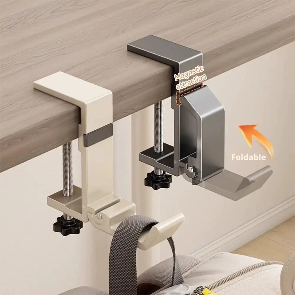No Drill Foldable Desk Hook Clamp On Bag Hanger Hook Table Side Backpack Headphone Holder School Dorm Office Desk Organizer