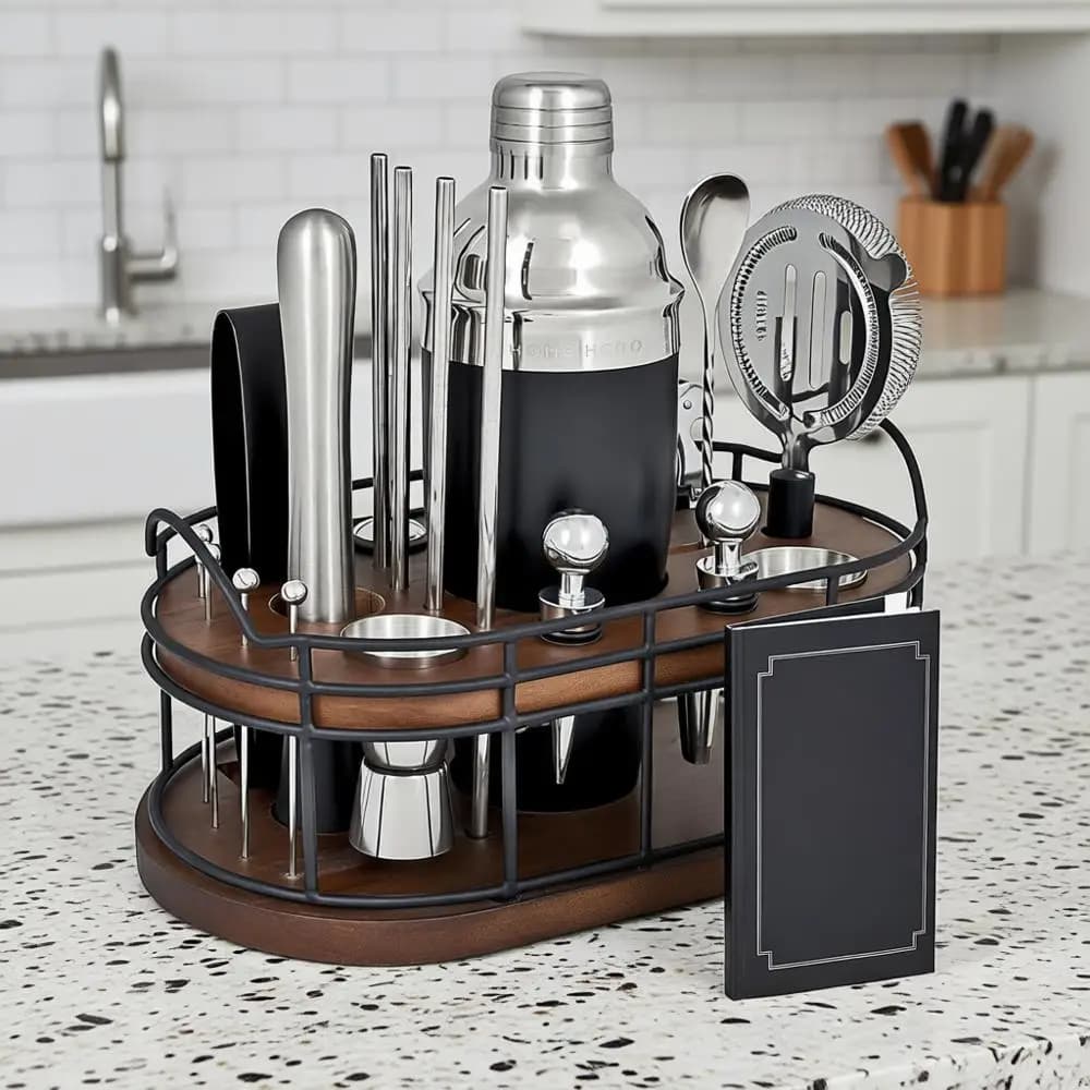 Set da 22 Pezzi per Cocktail e Bar - Espositore in Legno e Accessori per Carrello Bar - Libro di Ricette e Regali di Benvenuto