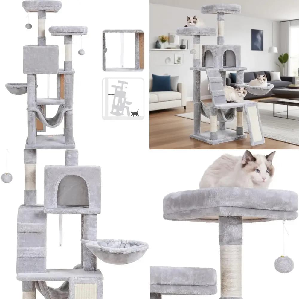 Albero per gatti multilivello per interni con grucce in peluche, cestino accogliente e tiragraffi - Grigio chiaro HCT014W