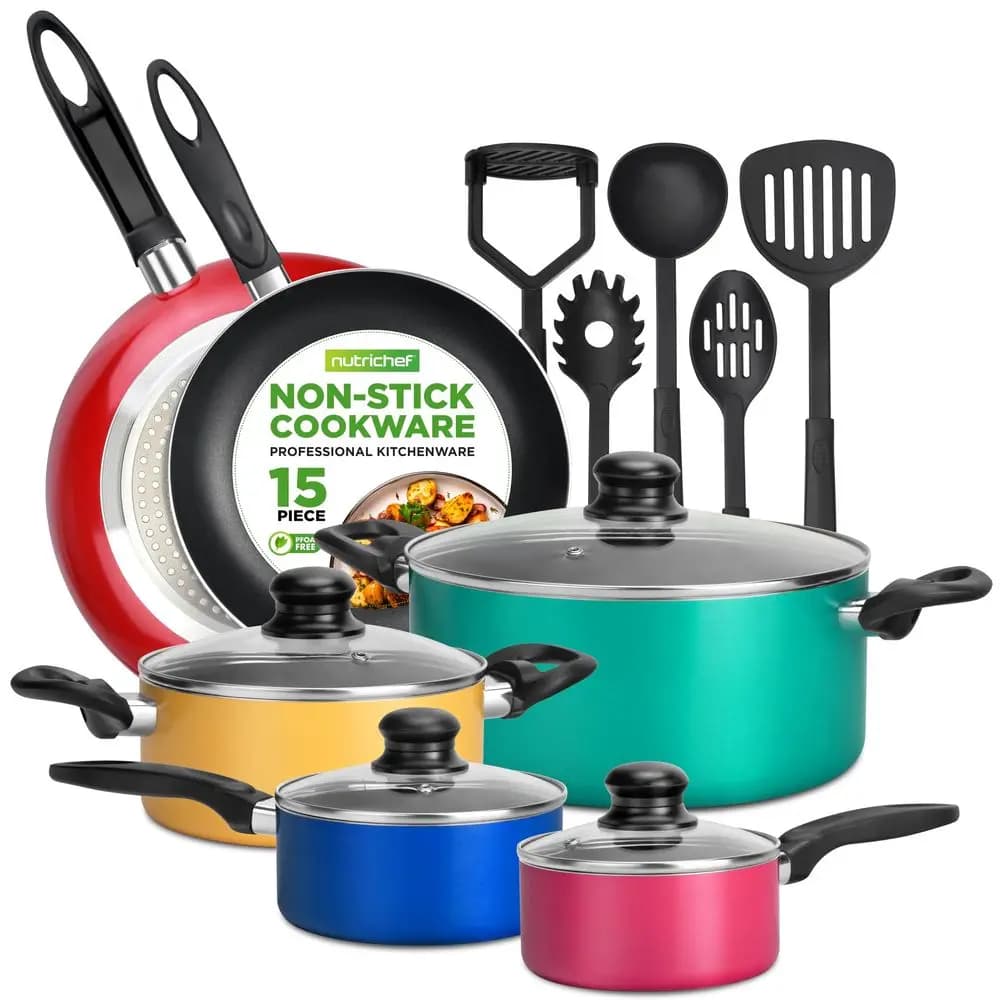 Set di pentole da cucina antiaderenti da 15 pezzi, senza PFOA e PFOS, con lacca colorata resistente al calore, casseruola, padelle, pentola da forno, coperchi.