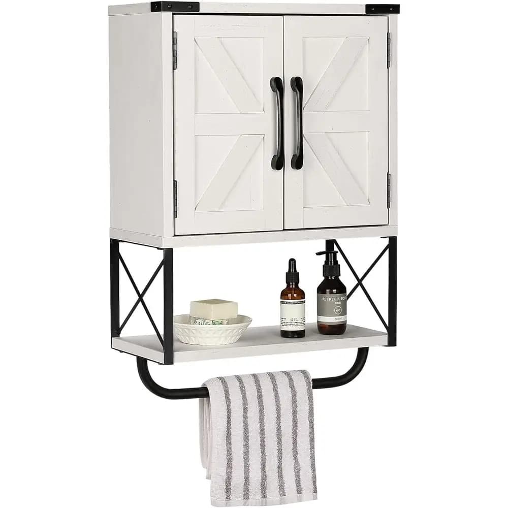 Armadietto Rustico Stile Fattoria con Due Ante a Porta Scorrevole, Mobile da Parete in Legno con Ripiano Regolabile e Porta Asciugamani, 3 Livelli