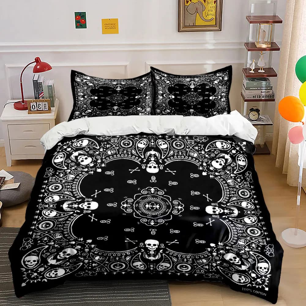 Skull Pattern Decorative Handkerchief Design Printed Duvet Cover Set 1 Duvet Cover+2 Pillowcase Multi Size Bedroom Bedding Decor