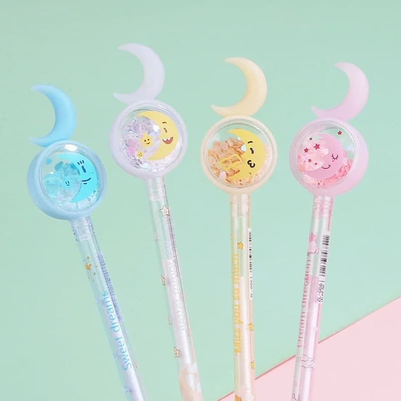 5 Pezzi/Lotto Penne Gel con Paillettes a Forma di Luna, Inchiostro Nero 0.5mm, Penne per Ufficio e Firma, Materiale Scolastico, Regalo Kawaii per Bambini