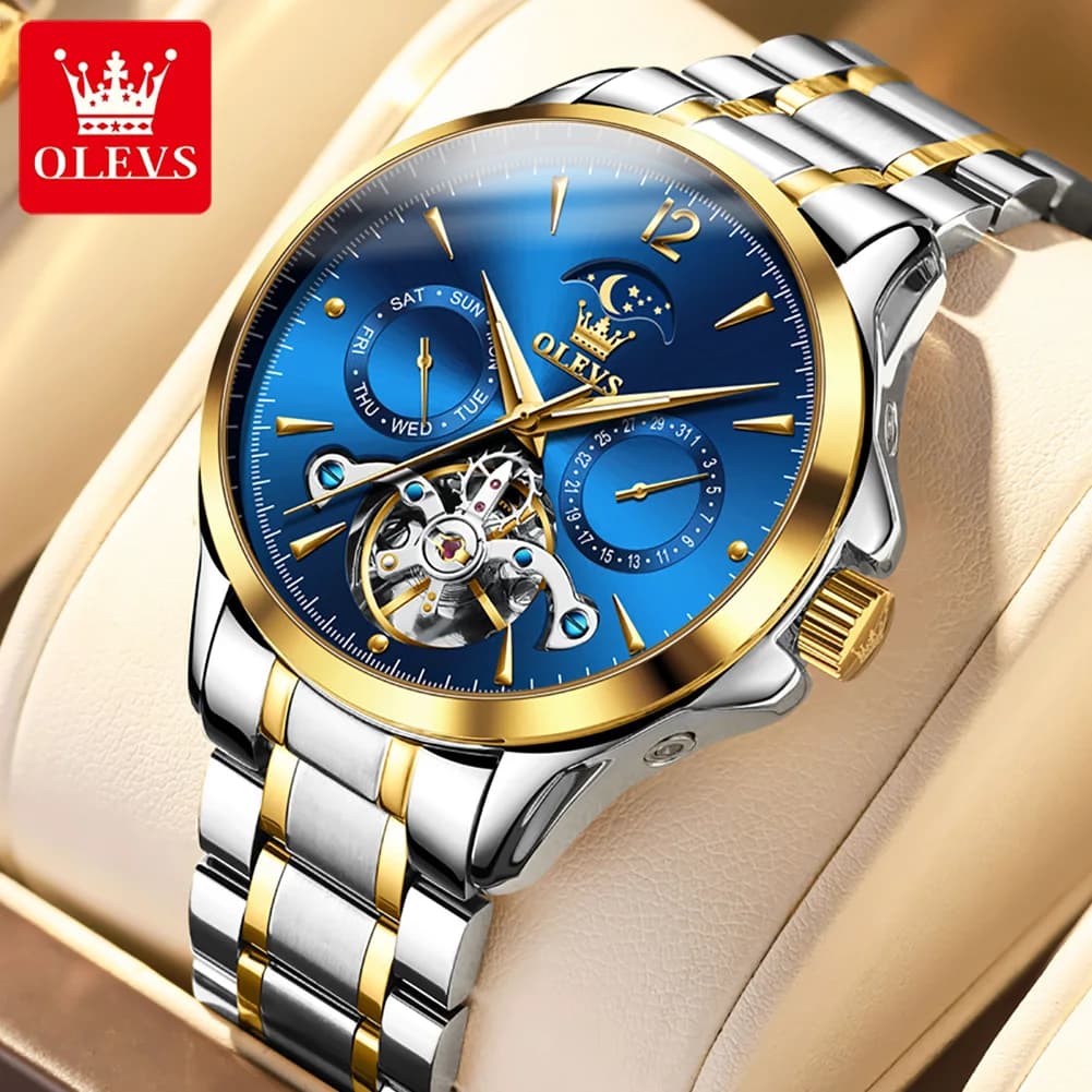 OLEVS 6663 Automatic mechanical watch with moon phases skeleton for men Calendar Week Luxury original brand businessman wristwatch