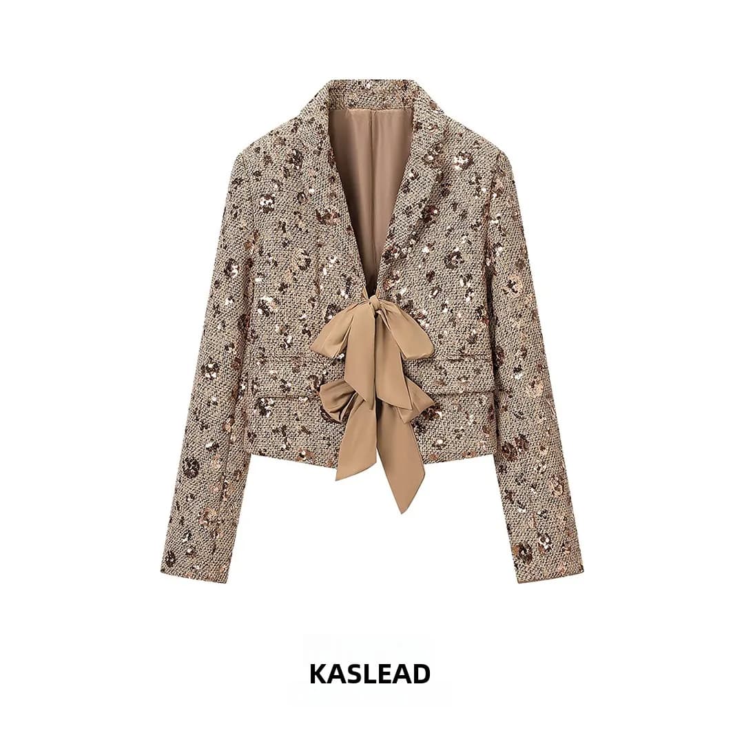 KASLEAD Giacca da Donna alla Moda in Tweed con Cintura, Giacca Corta Stile Streetwear, Manica Lunga con Stampa Floreale in Fibra di Poliestere