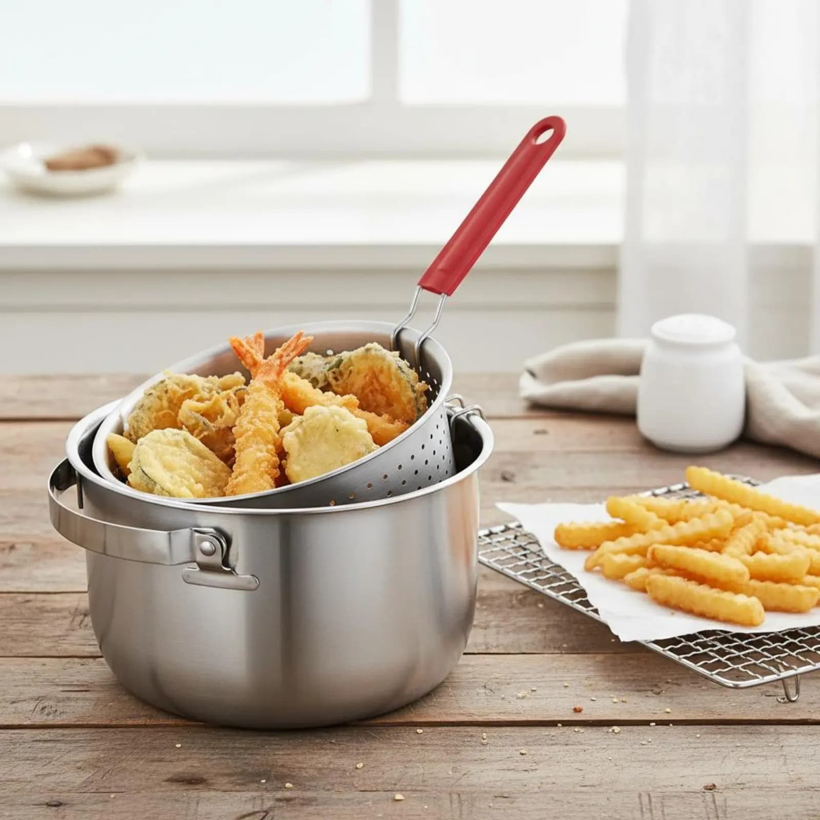Pentola per Frittura in Acciaio Inox con Isolamento Termico e Cestello Scolapasta, Set Friggitrice Piccola Multifunzionale per Campeggio