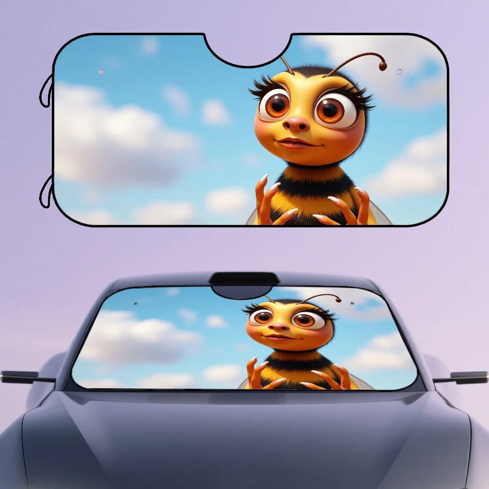 1pc, Cartoon Bee Glamorous Makeup Nails Style Front Windshield Sunshade For Car, Unique Print Foldable Visor, Ideal For Busy Mor