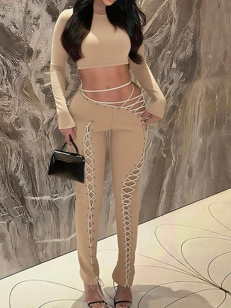 Sexy Hollow Out Drawstring Bandage Womens Leggings Outfits 2026 Autumn Fashion Cropped Top and Pencil Pants Two Piece Sets