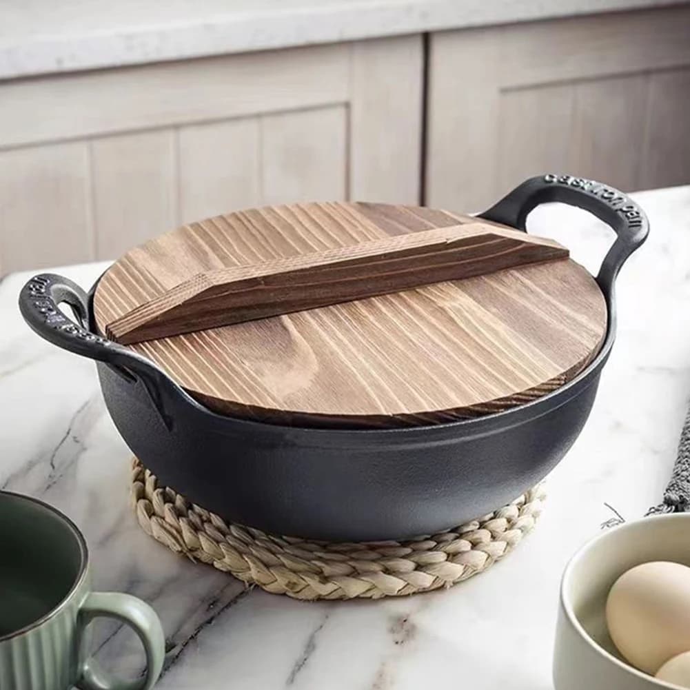 Padella non rivestita con coperchio e doppio manico, fondo piatto, antiaderente, per soffritti, pentola olandese pesante per zuppe, accessorio da cucina per la casa