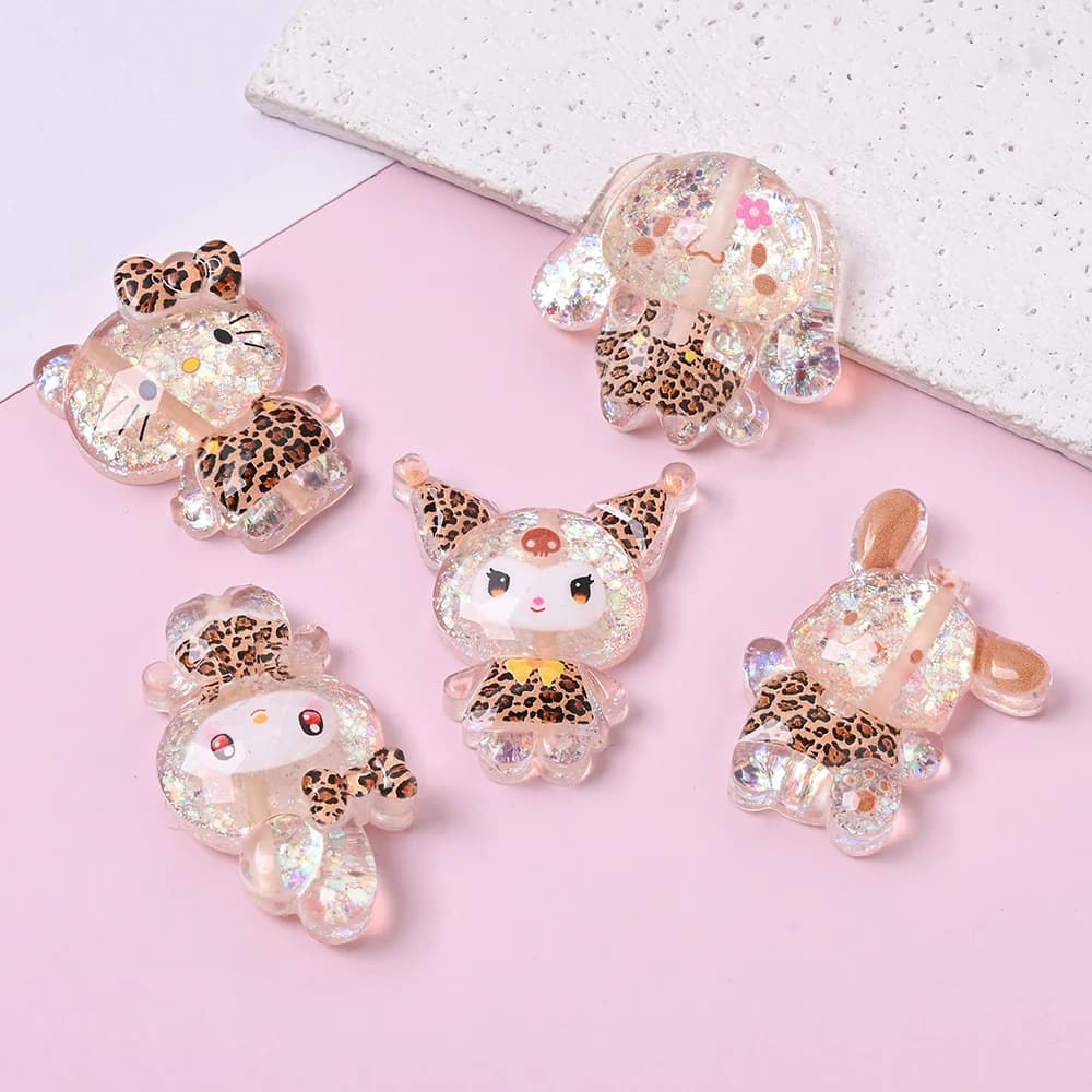 5Pcs Sanrio Hello Kitty Melody Resin Beads Cartoon Leopard Print Focus Beads For DIY Pacifiers Clip Jewelry Making Random Mixing